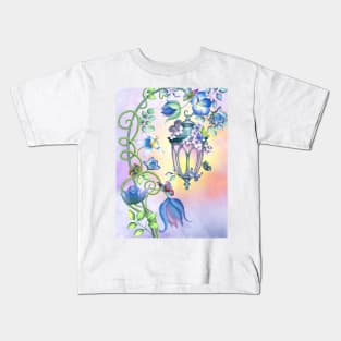 Magic streetlight with flowers and butterflies decoration. Fairy spring garden watercolor illustration. Colorful romantic scenery Kids T-Shirt